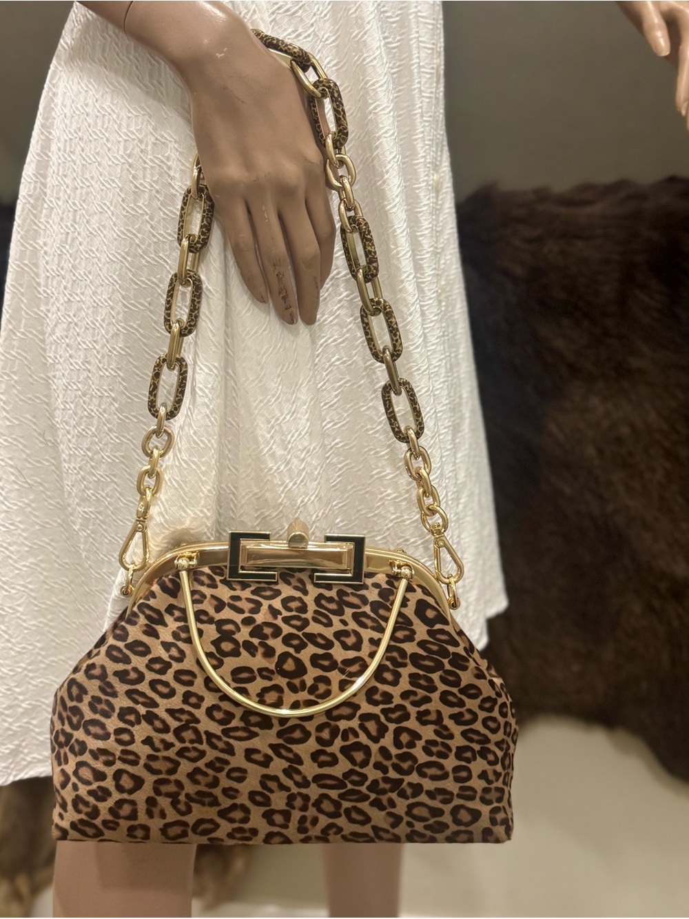 Leopard Print Handmade Real Hair-on Horsehide Top Handle, Push Lock Frame Bag - Picture 6 of 16